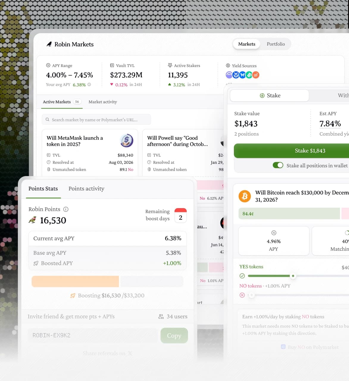 Robin Markets app interface showing markets, staking, and points features