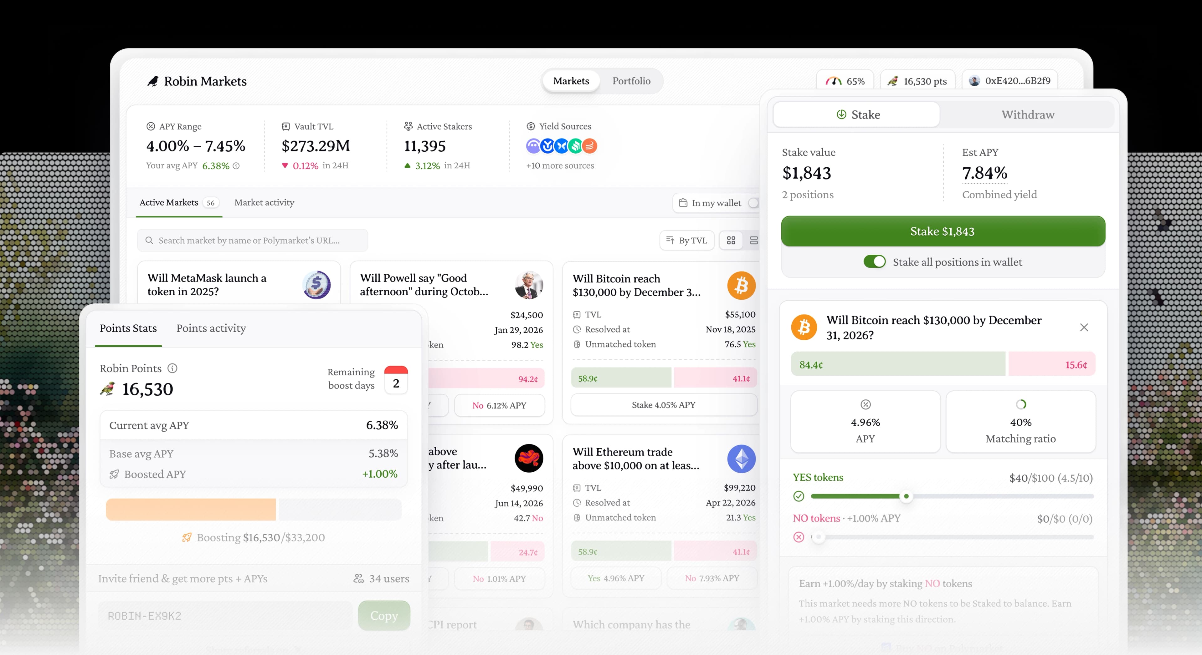 Robin Markets app interface showing markets, staking, and points features