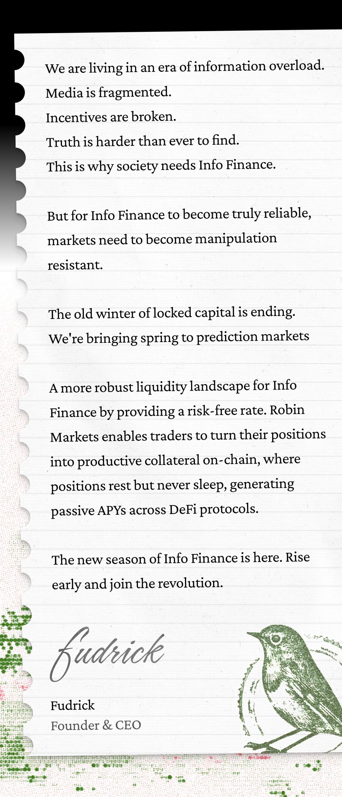 A letter from Fudrick, Founder & CEO of Robin Markets