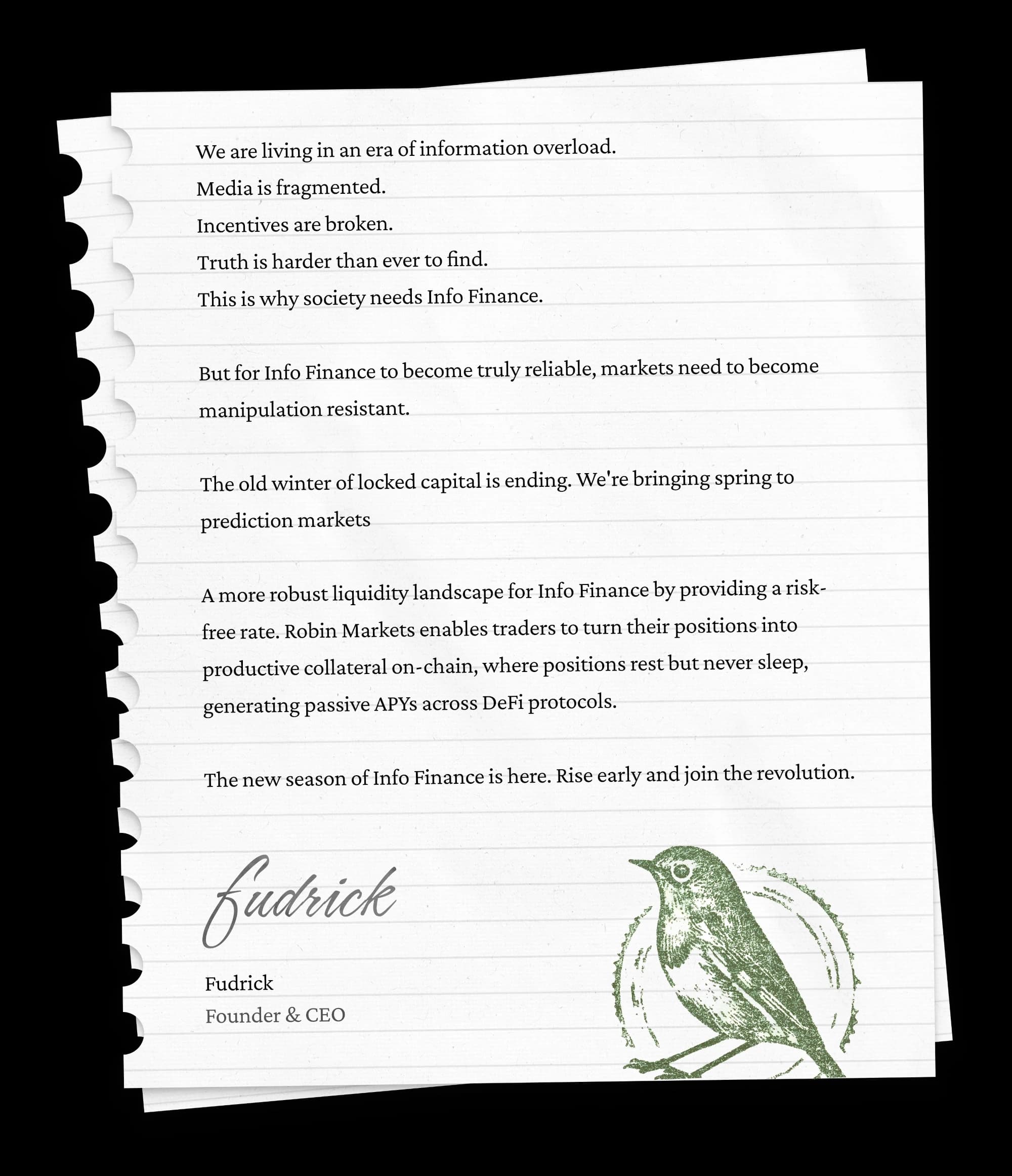 A letter from Fudrick, Founder & CEO of Robin Markets